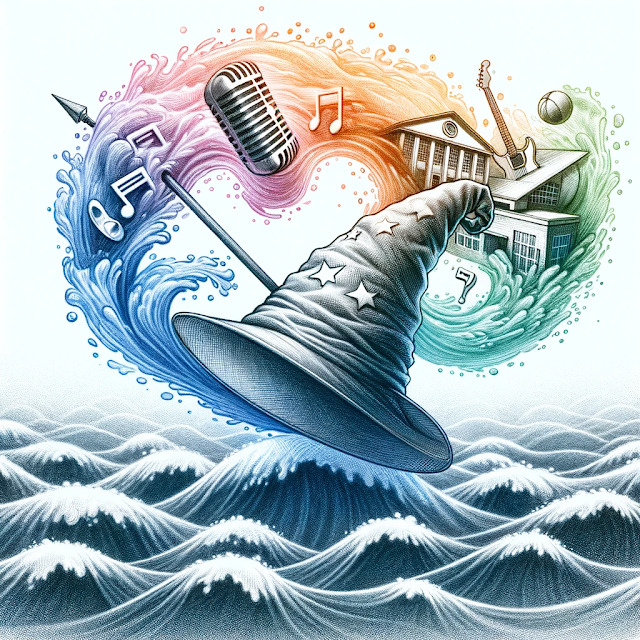 An image of a wizard hat floating above choppy waves and spouting from under the brim a rainbow plume with floating symbols like music notes, a microphone, a building, a guitar neck, and a sports ball.