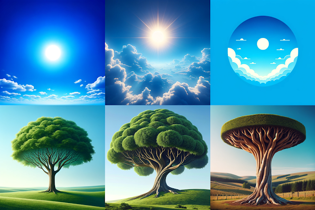 Example images generated by AI after it was instructed to create a sky with no clouds and a tree with no branches- as AI defaults towards a statistical average in its results, it's often unable to produce an image that is, statistically, un-average.